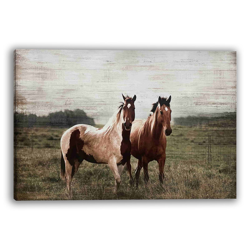 Deux chevaux debout sur toile, H 16 po x l 24 po x P 1,5 po