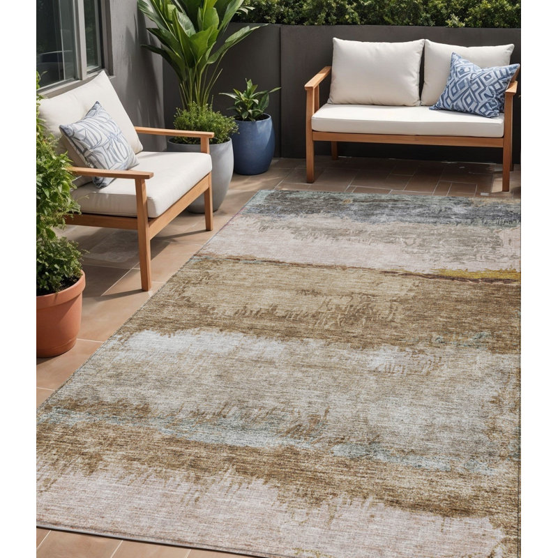Tapis d'extérieur lavable abstrait brun et gris 5 pi x 8 pi beige