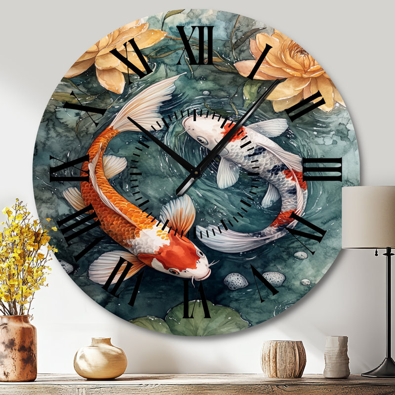 Horloge murale ronde en métal Koi Garden in Motion - Zen, Grand