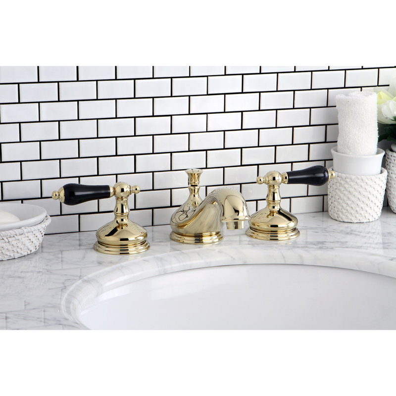 Kingston Brass Duchess Two-Handle 3-Hole Deck Mount Widespread Bathroom Faucet with Brass Pop-Up Drain, Polished Brass