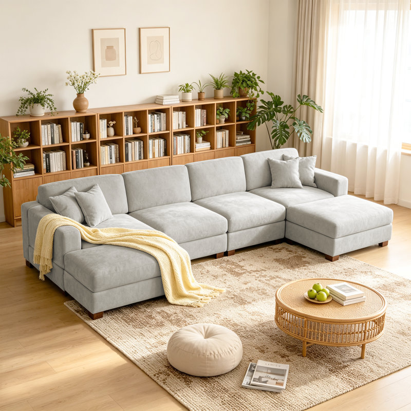 Canapé modulaire en chenille 6 pièces 6 pièces, Chenille blanc cassé, H 33,4 po x l 152,1 po x P 68,3 po