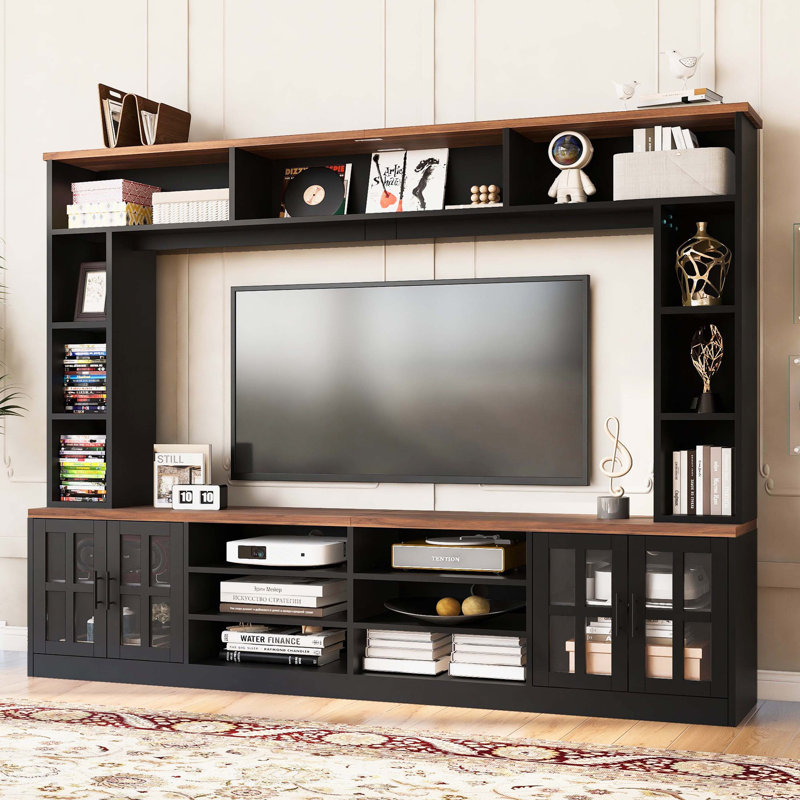 Meuble audio-vidéo mural avec tablettes ouvertes, console média en verre trempé et tablettes intérieures réglables pour les grands téléviseurs