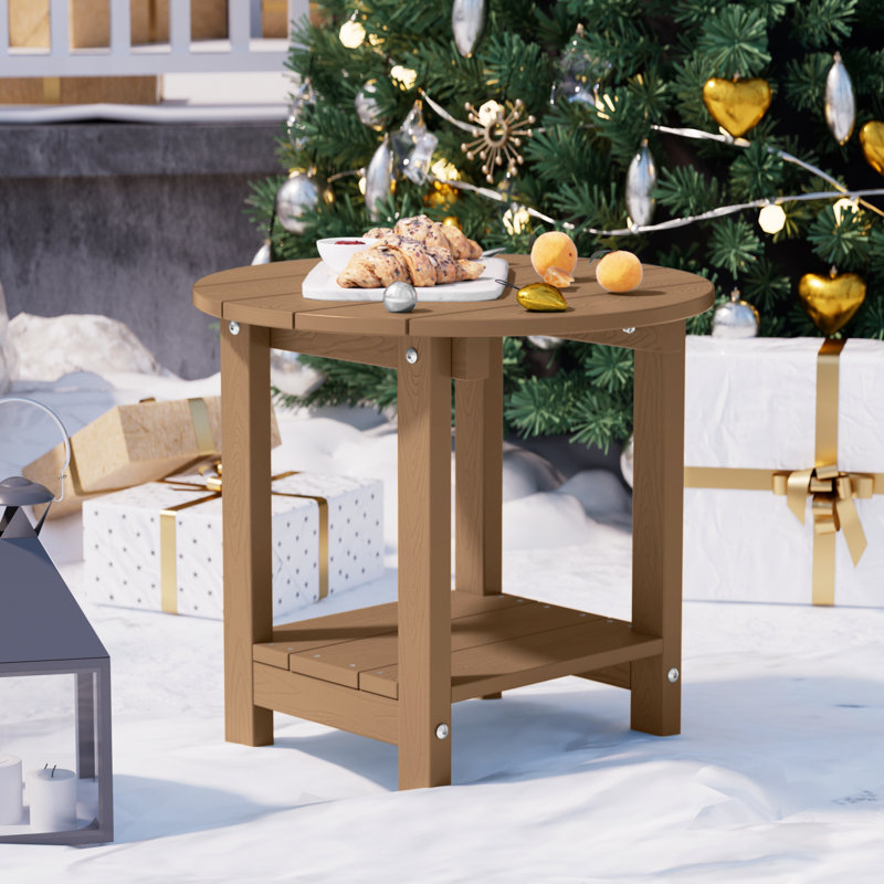 18" W x 18'' D HIPS Round Outdoor Side Table for Adirondack Chairs, 2-Tier Storage Easy Maintenance & Weather-Resistant Patio End Table with 330Lbs Load Bearing for Backyard, Pool, Patio, Porch, Garden, Lawn, Relaxing Companion, Teak