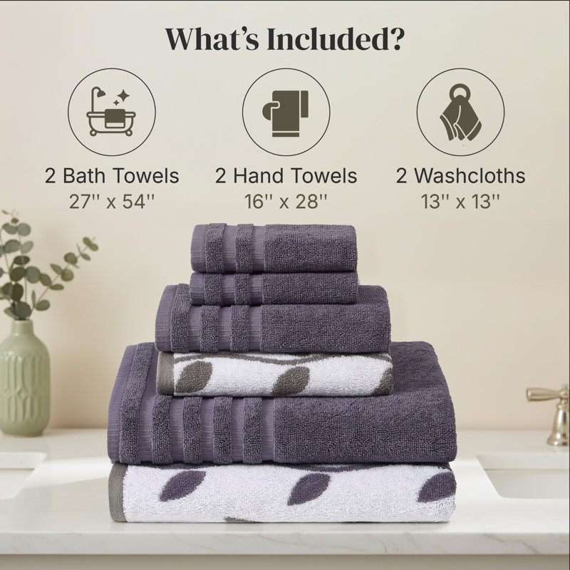 Modern Threads Organic Vines 6-Piece Yarn Dyed Jacquard & Solid Towel Set – 100% Cotton, Quick Dry & Absorbent Bath, Hand & Washcloths