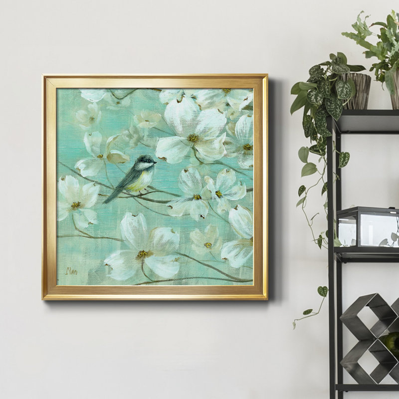 Mésanges et cornouiller - Détail I - Peinture sur toile encadrée, H 30,5 po x l 30,5 po x P 1,5 po, Toile encadrée dorée