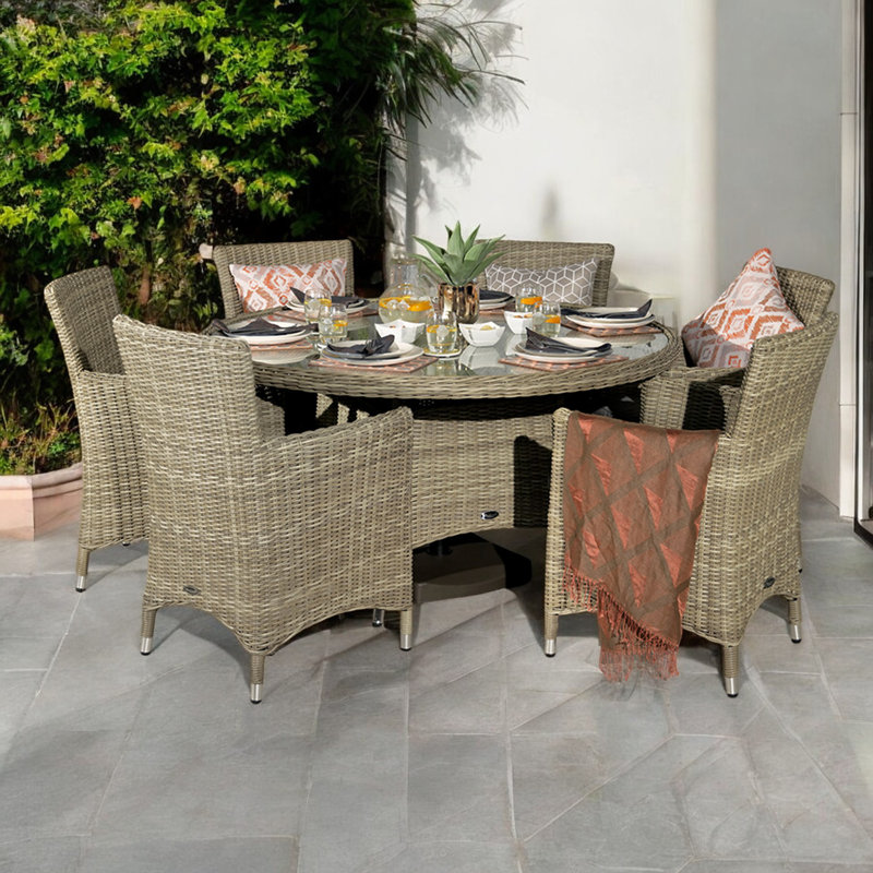 WENTWORTH 6 Seater Round Carver Dining Set (1 x 140cm Table & 6 x Chairs inc Cushions), Brown
