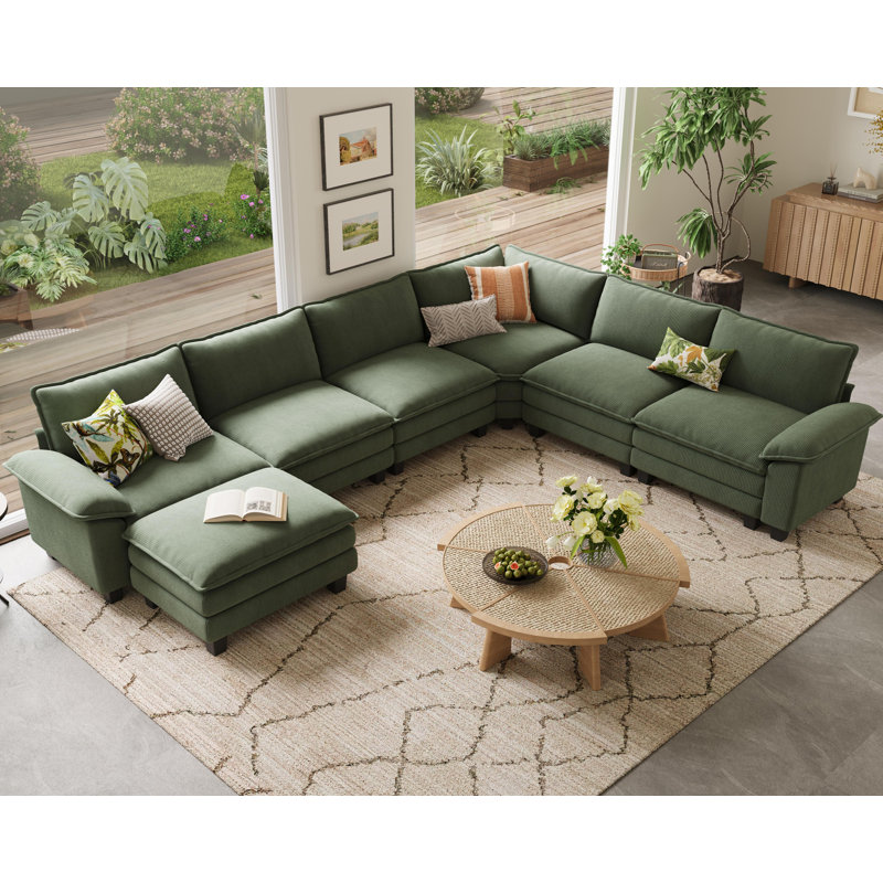 Colbey 153" Upholstered U-shape Modular Cloud Corner Sectional with Ottoman, Lena Green Corduroy