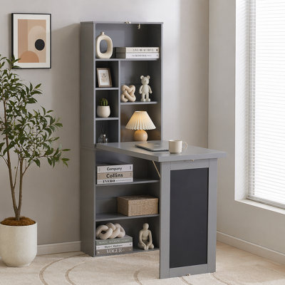 Fold-out Convertible Writing Desk, Wall Mount Table Cabinet with Blackboard and Storage Shelves, Space-Saving Murphy Desk for Home Office Living Room Bedroom(Grey)