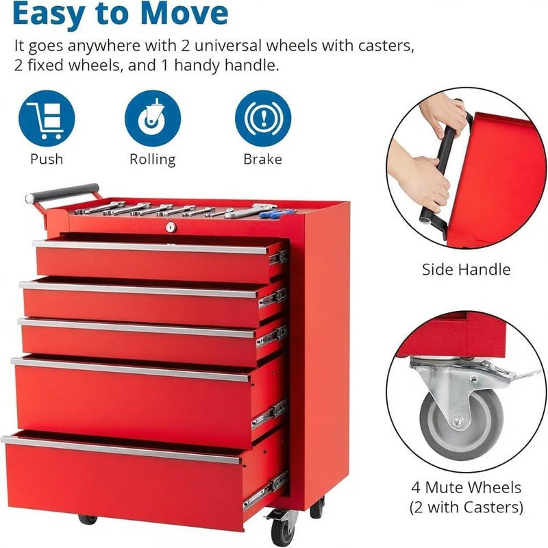 Coffre à outils roulant à 5 à 7 tiroirs avec système de verrouillage, armoire à outils mobile sur roulettes pour le garage