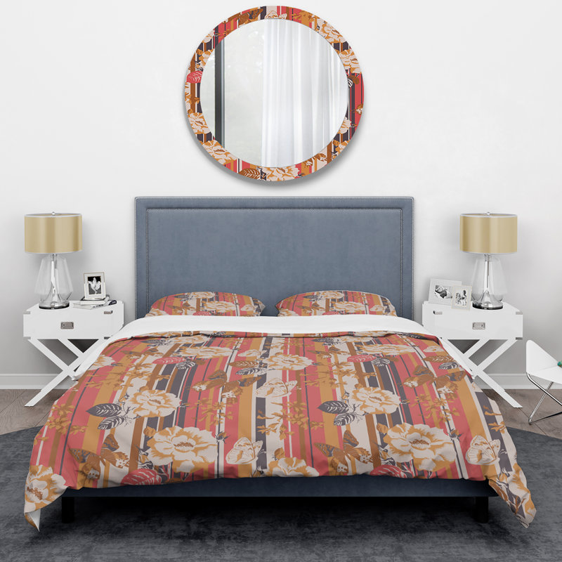 Fleur crème et feuilles grises - ensemble de housse de couette floral - microfibre de polyester