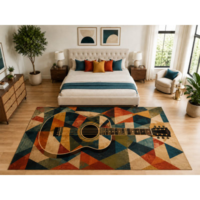 "Ultra Thin" Large 6'7" x 9'10" Geometric Acoustic Guitar Rug, Soft Low Pile Indoor Rug, Non-Slip Silicone Backing for Bedroom Teal