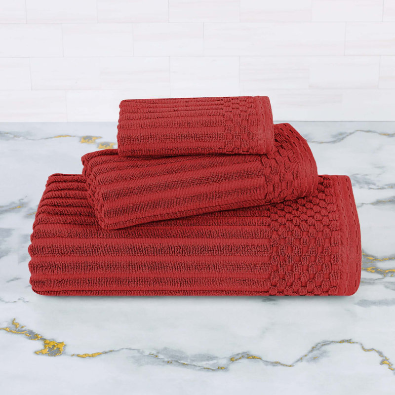 Soho Spa Highly Absorbent Cotton 3 Piece Assorted Size Checkered Border Towel Collection, Burgundy