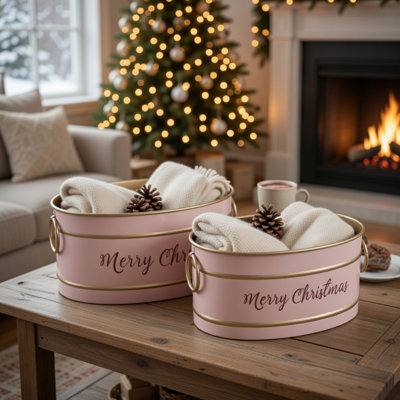 Limu Baskets Set of 2, Gold Trim, Oval Pink Iron Merry Christmas 