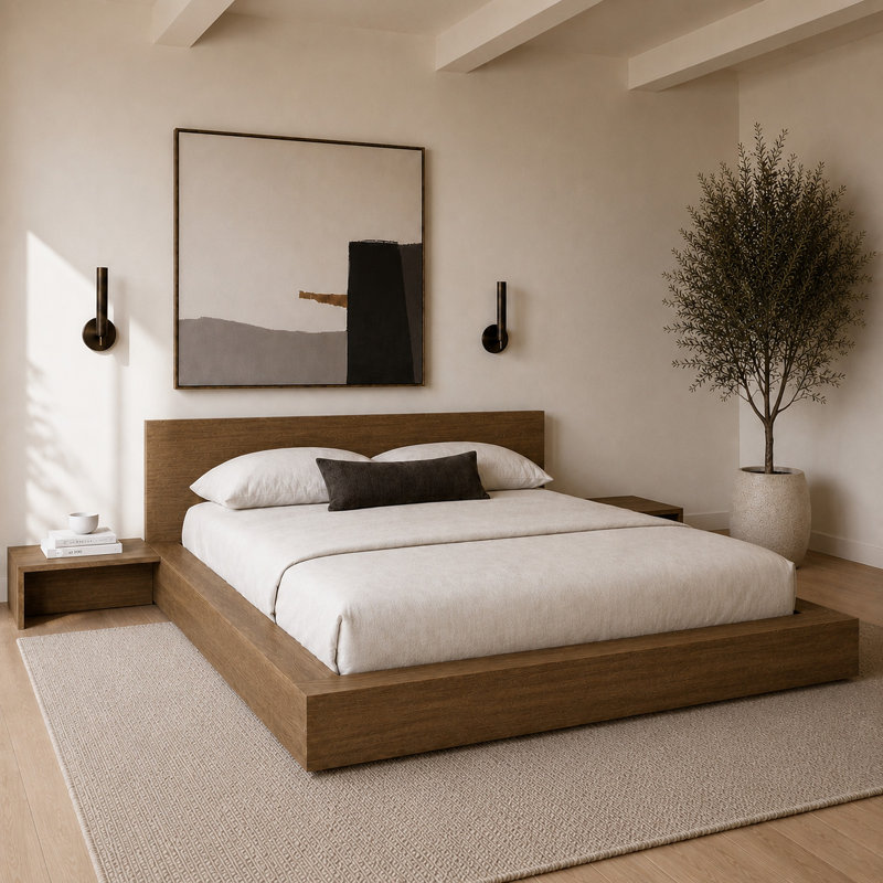 Ensemble de chambre avec lit plateforme 3 pièces Makoa, Brun, Grand lit
