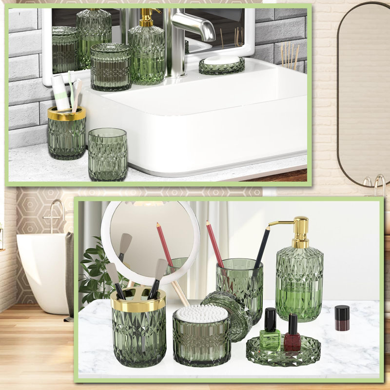 Ensemble d'accessoires de salle de bain en verre vert 5 pièces, ensemble de salle de bain vert, ensemble de distributeur de savon et porte-brosse à dents, ensemble de support Qtip, ensemble de lavabo de salle de bain rétro