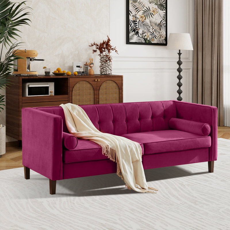 78''  Wide Velvet Tufted Square Arm Sofa, Red Velvet