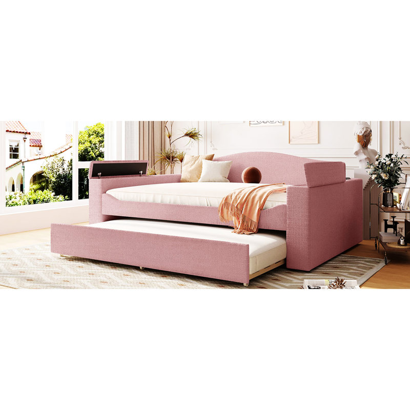 Pink Upholstered Daybed With Storage Space And Trundle, Music Player In Armrest Areas Extendable Audio Hub, Full, Pink