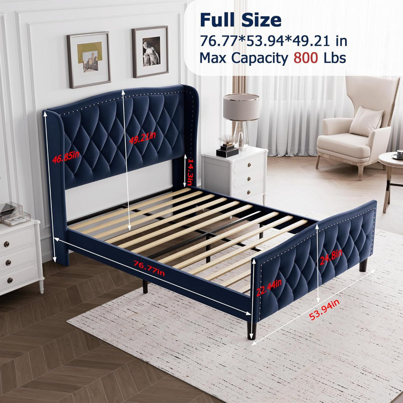 Velvet Upholstered Platform Bed, No Box Spring Needed, Beige, Full