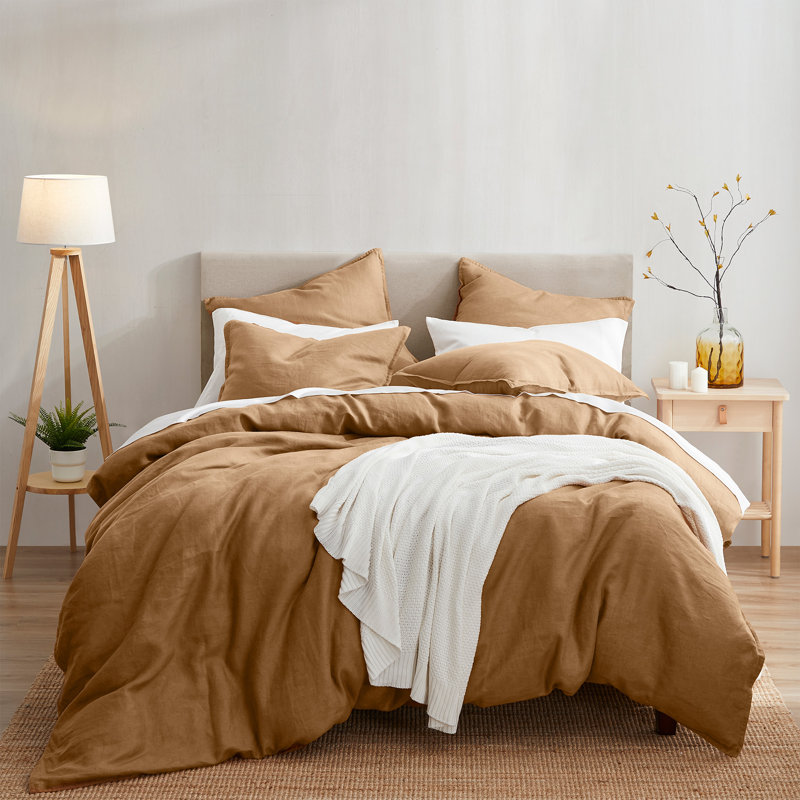 100% Linen French Flax Modern Rustic Farmhouse 3 Piece Duvet Cover Set, Queen Duvet Cover + 2 Standard Shams, Adobe