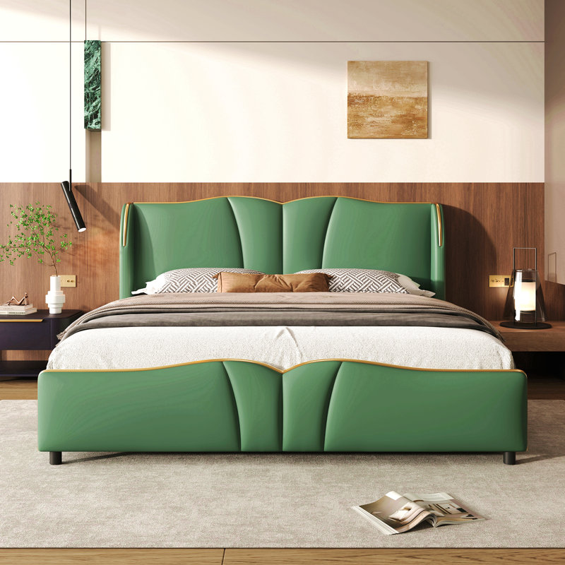 Cadre de lit tapissier en cuir grand format, cadre de lit moderne avec tête de lit à oreilles, lit plateforme tapissier avec pied de lit ondulé, pas de sommier nécessaire, vert foncé