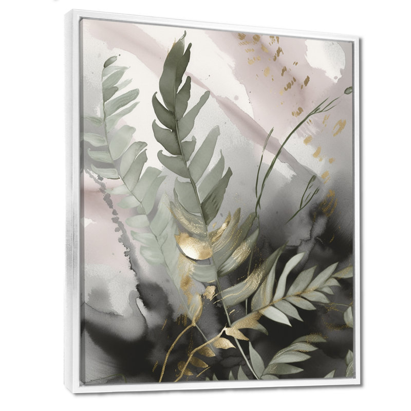 «Green Fern Whispers I», art mural fougères, H 32 po x l 16 po, Cadre flottant blanc