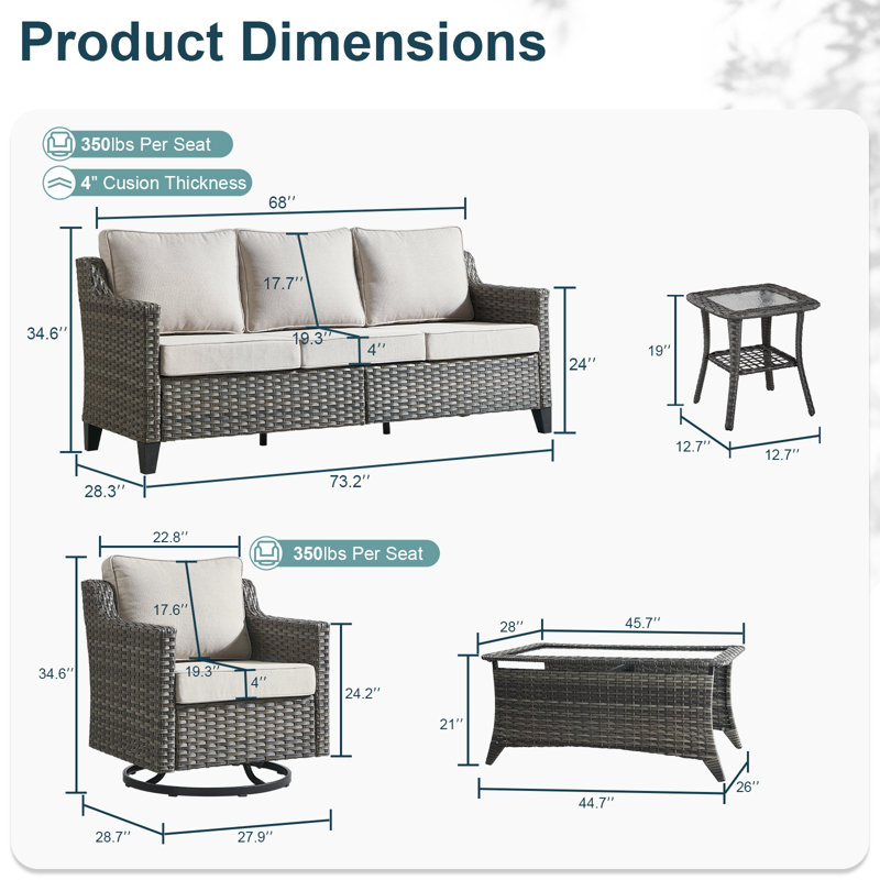 Arlene 8-Person Outdoor Wicker Family Party Conversation Set With Swivel Chairs And 45.7" Coffee Table, Beige