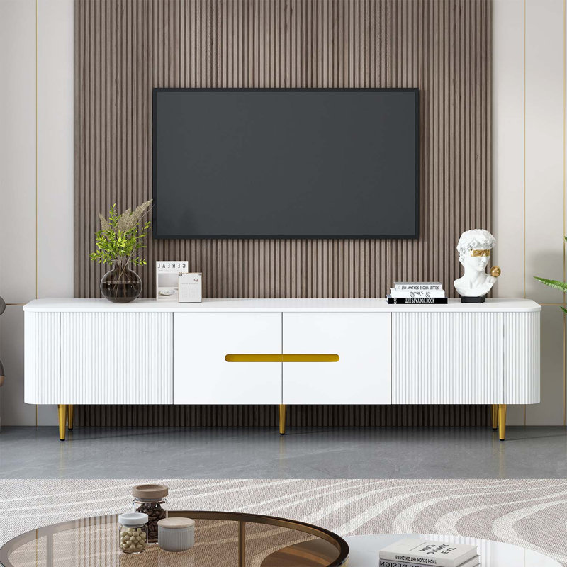 Console multimédia moderne avec 4 armoires spacieuses, Blanc / Doré, Blanc