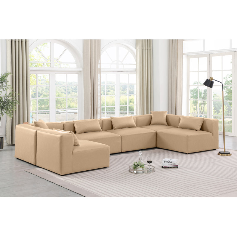 Houswerth Upholstered U-Shaped Sectional Reversible, Tan Vegan Leather