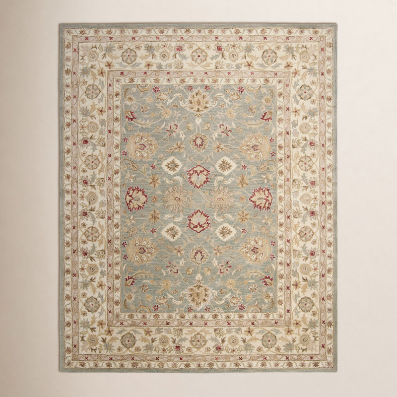 Tapis oriental en laine touffeté à la main bleu / beige Samuel, Rectangle 5 pi x 8 pi