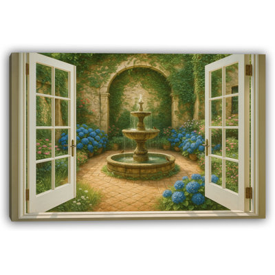 Fontaine de jardin secret - art sur toile avec touches florales