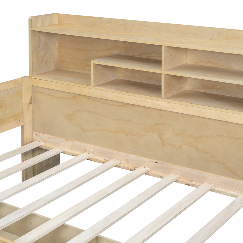 Bahiyah Wooden Multi-Functional Daybed With Storage Shelves, 2 Storage Drawers And Study Desk, Twin, Natural