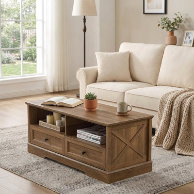 Farmhouse Coffee Table with Storage, 47.2" Wood Coffee Table with Drawers & Open Shelf, Rectangle Living Room Center Table