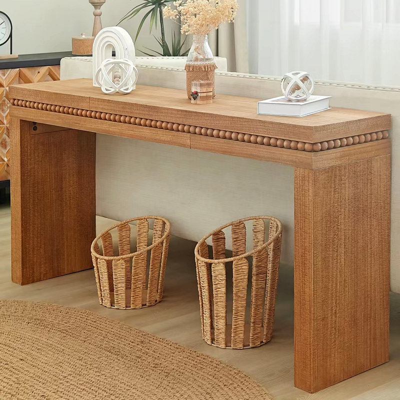 64In Modern Console Table – Elegant Entryway Table With Decorative Beaded Trim, Dark Brown