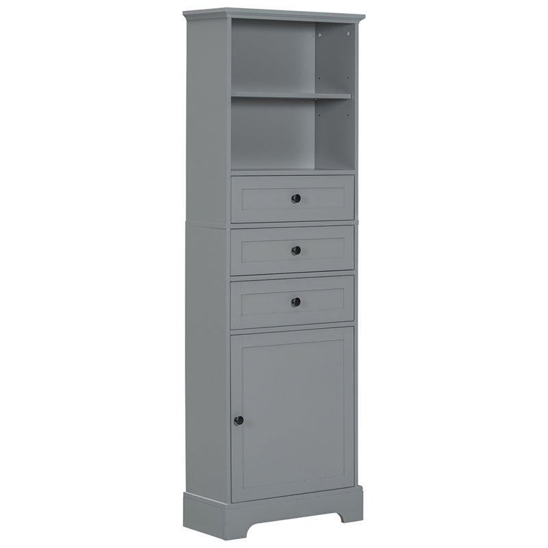 Tall Storage Cabinet With 3 Drawers And Adjustable Shelves, Gray