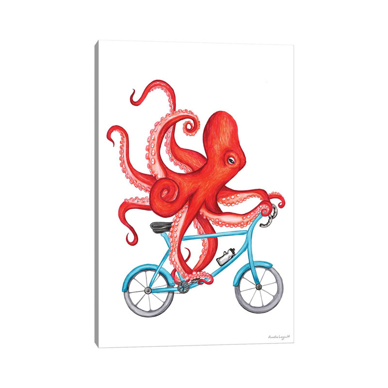 Octopus On Bike par Amélie Legault - peinture sur toile tendue, H 18 po x l 12 po x 1,5 po