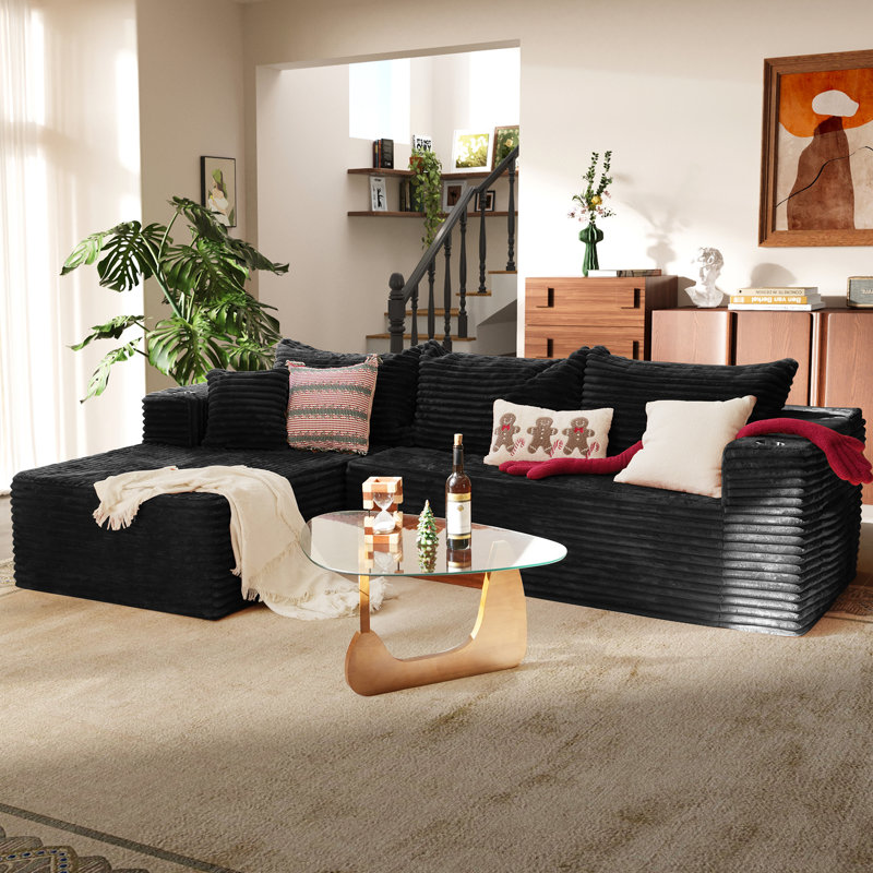 Canapé modulaire en L avec chaise longue Boneless, Noir, Orienté à gauche (vu de face)