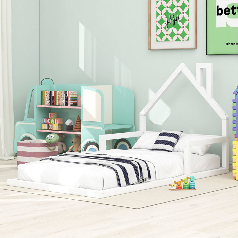 Lit simple en bois avec tête de lit en forme de maison, blanc, Blanc