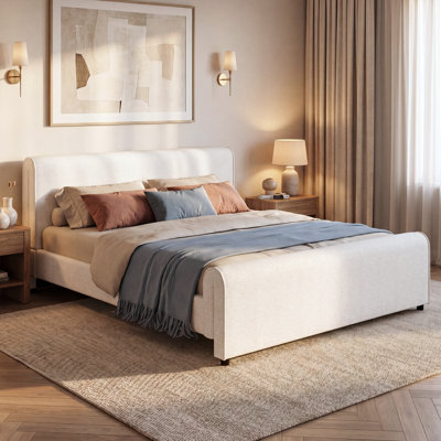 King Size White Bouclé Upholstered Platform Bed, Curved Headboard & Rounded Footboard, Solid Wood Slats, No Box Spring Needed