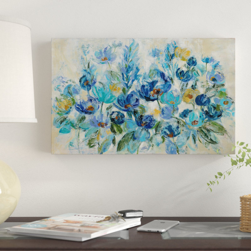 « dispersed blue florals », reproduction de peinture à l’acrylique sur toile tendue, H 12 po x l 19 po
