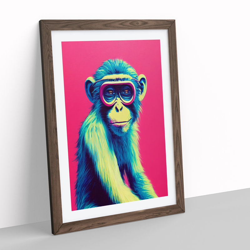 Colourful Monkey - Single Picture Frame Print, 46cm H x 34cm W x 2cm D, Walnut