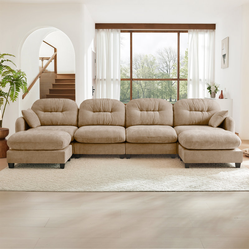 Modular Chenille  Sectional Sofa, Camel, 36.6" H x 140" W x 59.5" D