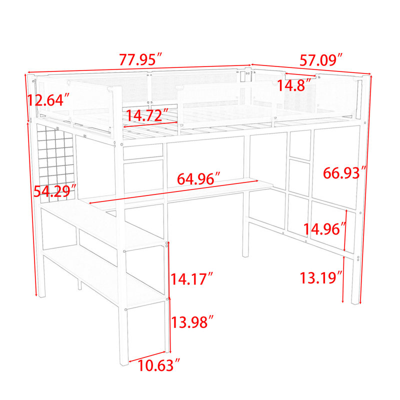 Lit mezzanine double en métal avec bureau intégré et tablettes et échelle
