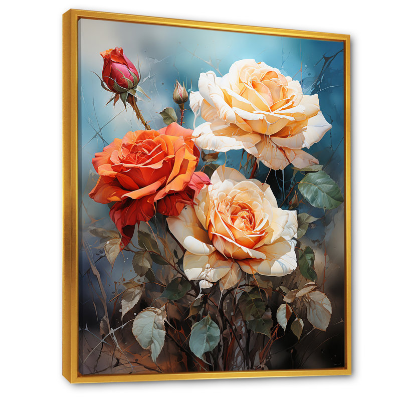 Décoration murale beige et orange rose - roses, art mural salon, Toile tendue, H 32 po x l 16 po