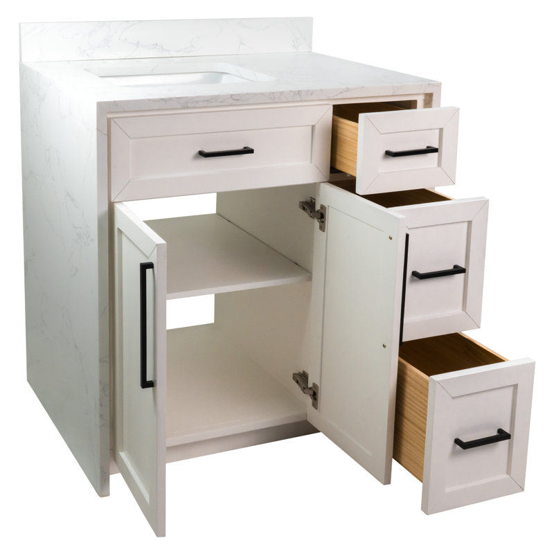 Akalya 36'' Single Bathroom Vanity with Engineered Stone Top, White