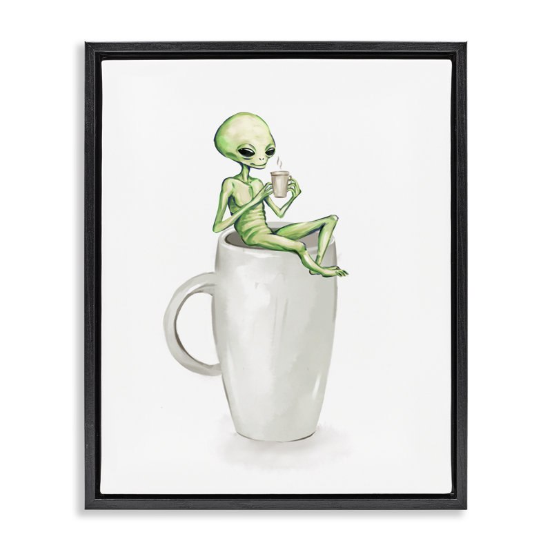 Art mural sur toile Alien & Coffee par Ziwei Li, Cadre flottant noir de jais, H 21 po x l 17 po