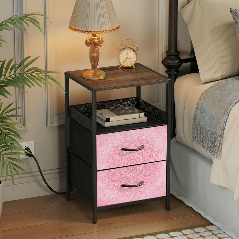 Table de chevet 2 tiroirs avec station de charge, table de chevet pour chambre avec ports USB et amp; Tablette ouverte Outlets - noir