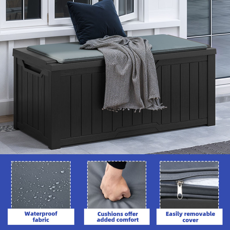 120 Gallon Patio Resin Deck Box Extra Seat with Cushion, Black