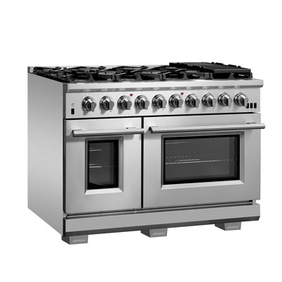 Capriasca - Cuisinière à double combustible de 48 po en acier inoxydable, 8 brûleurs en laiton, 6,58 pieds cubes Fours doubles