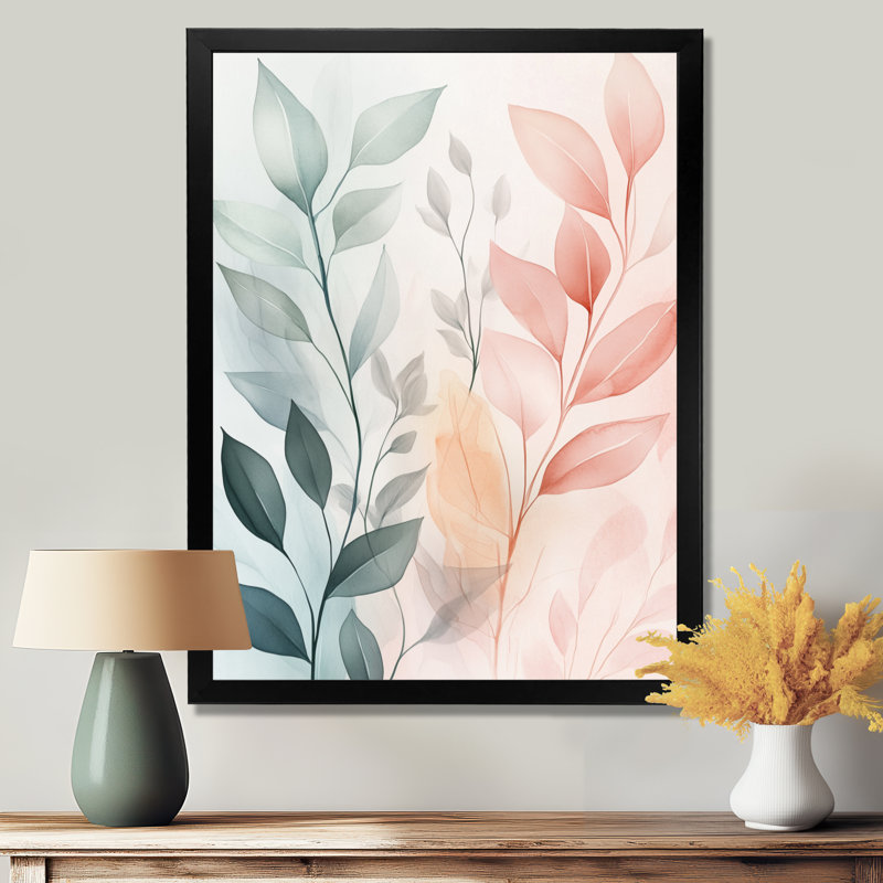 Feuilles roses, vertes et roses poudrées - Décoration murale encadrée, H 32 po x l 24 po, Cadre photo noir