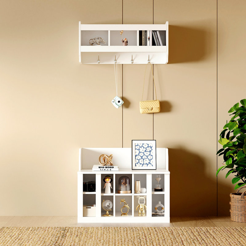 Banc de rangement polyvalent pour chaussures avec crochets et tablettes pour les vestibules, Blanc
